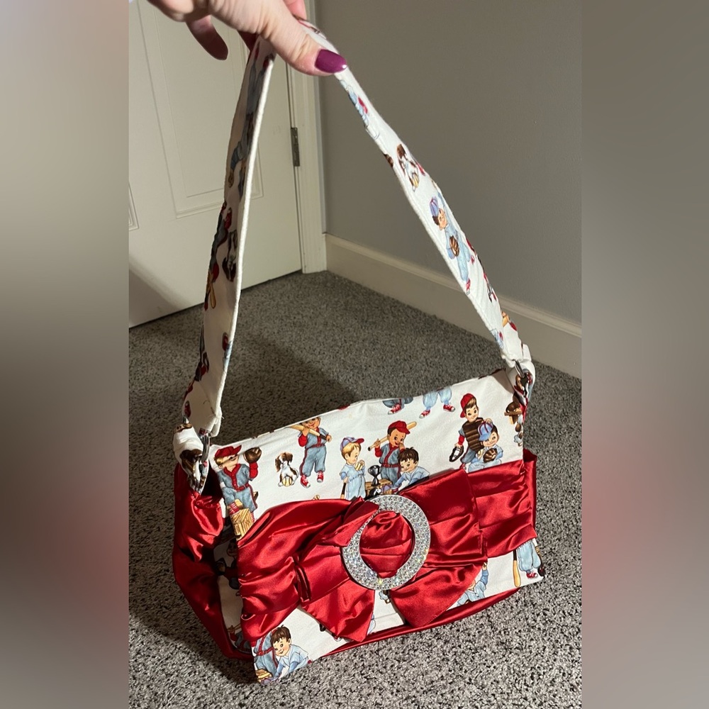 Spoiled Little Mama Boutique Vintage Baseball Red Satin Bow Shoulder Diaper Bag